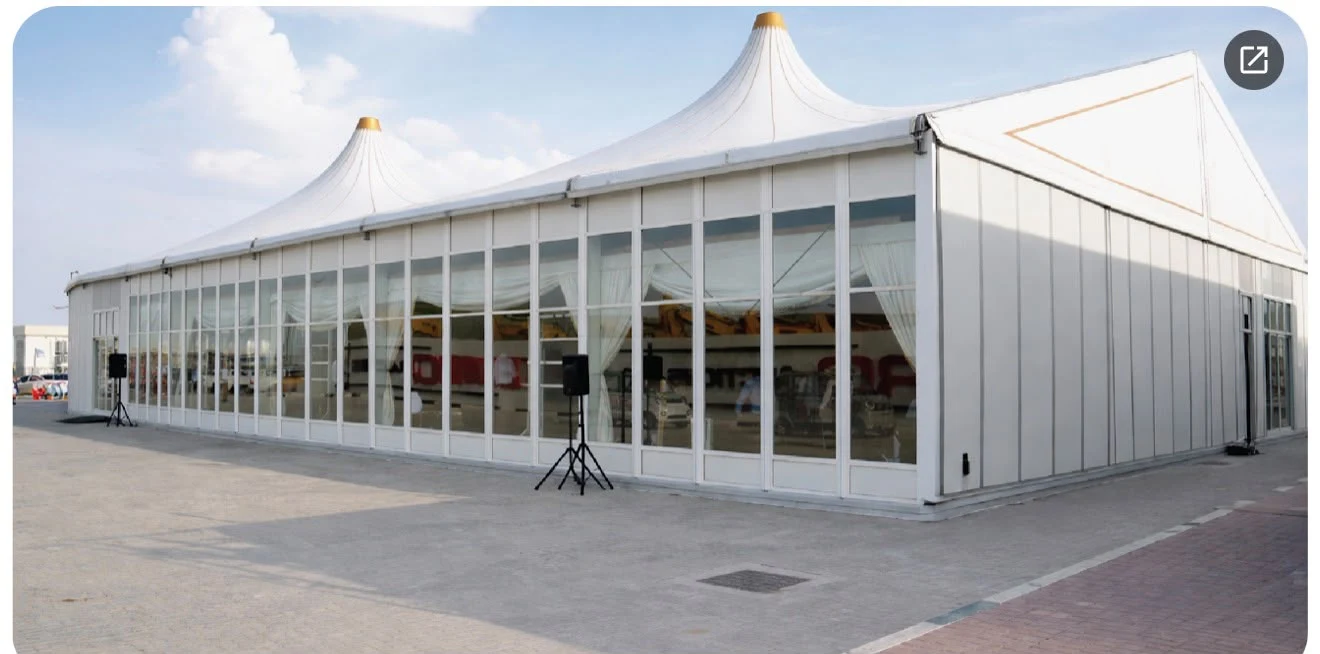 White event marquee with full-height glazed walls